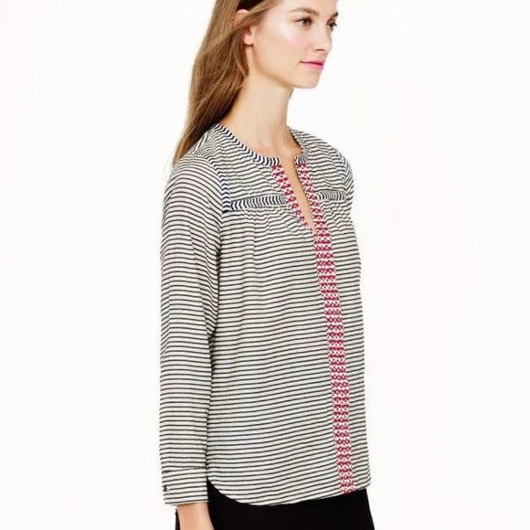 J Crew #08244 Embroidered Peasant  Stripe popover top Black Red Blouse 0 XS - Picture 4 of 16
